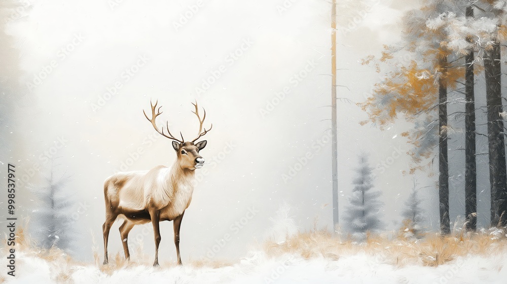 Majestic Reindeer Standing in a Snowy Forest