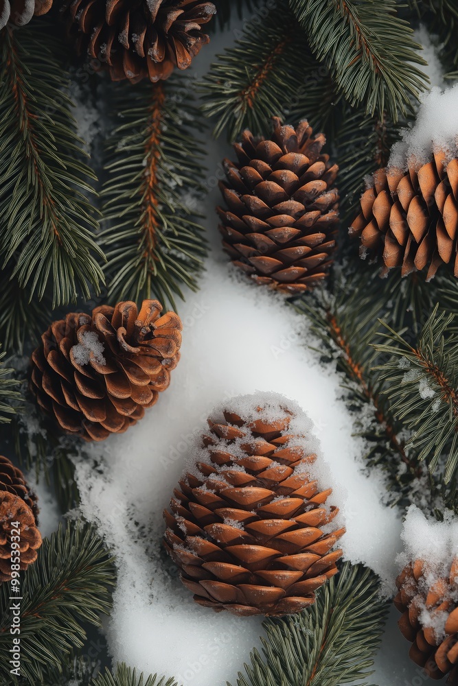 Fototapeta premium Frosty Pinecones with Snowfall on Green Pine Needles