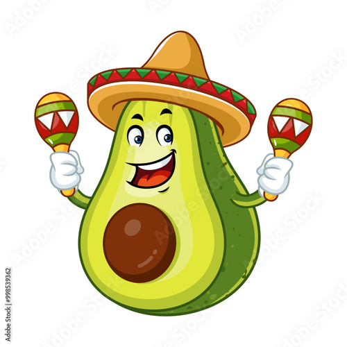 Funny avocado cartoon character wearing sombrero and playing maracas.