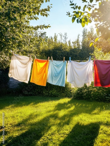 Wallpaper Mural White sheets and vibrant clothes sway gently on a clothesline in a bright garden, illuminated by warm afternoon sunlight. Generative AI Torontodigital.ca