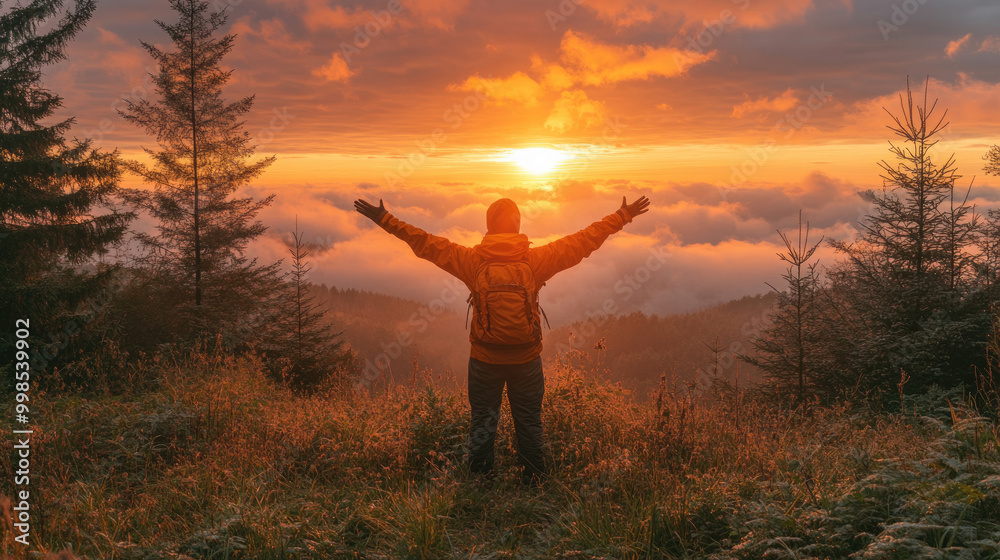 Standing on a mountain, an individual opens their arms wide to welcome the stunning sunset lighting up the misty landscape below Standing on a mountain, an individual opens their arms wide to welcome the stunning sunset lighting up the misty landscape below
