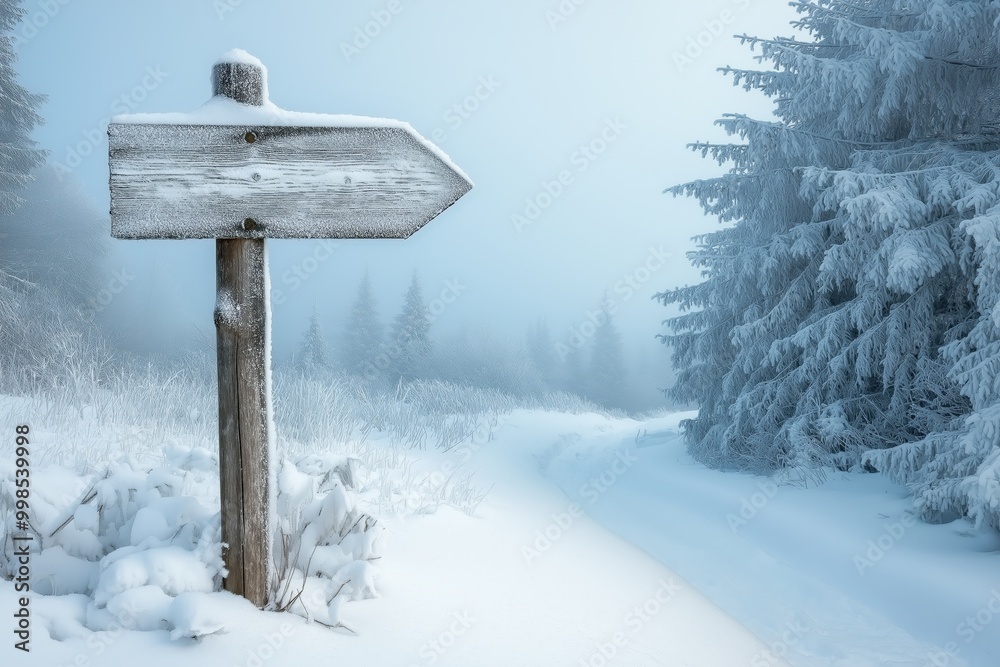 Frosty Winter Trail Marked by Wooden Sign in Snow Frosty Winter Trail Marked by Wooden Sign in Snow