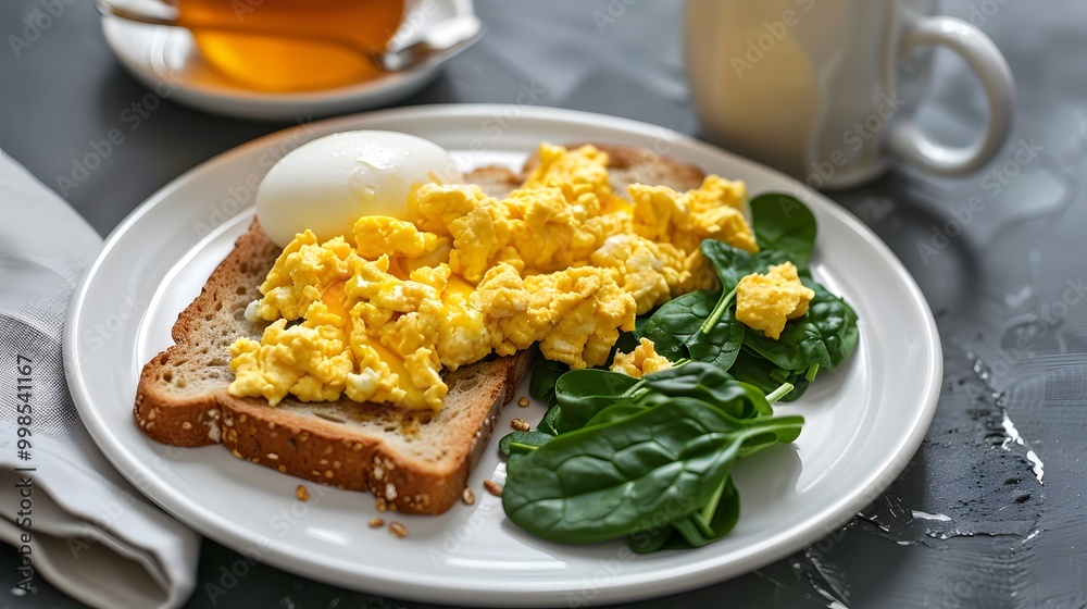 Scrambled eggs on toast with spinach and a boiled egg Scrambled eggs on toast with spinach and a boiled egg