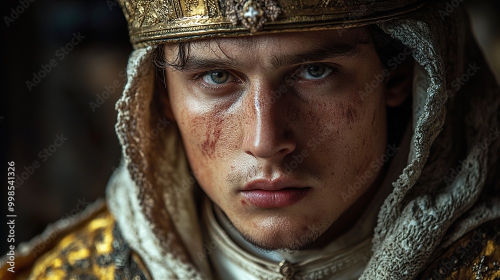 Close-Up Portrait of a Young King in Medieval Attire Close-Up Portrait of a Young King in Medieval Attire