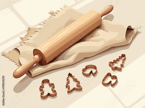 Baking scene with rolling pin, cookie molds and dough preparation on the table