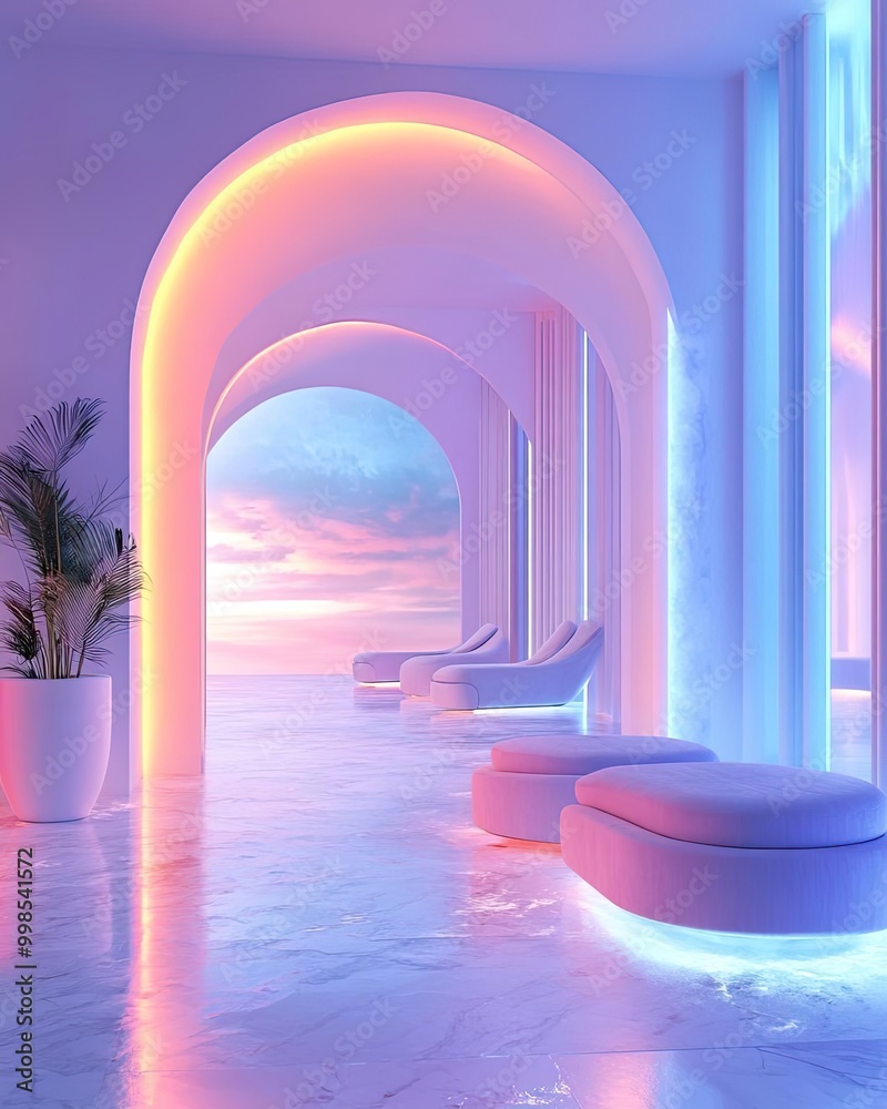 Fototapeta premium A serene interior space with soft pastel lights casting peaceful reflections on marble surfaces, creating a tranquil and modern atmosphere.