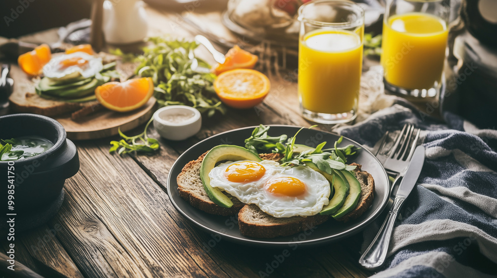 Healthy Breakfast with Avocado Toast, Poached Eggs Healthy Breakfast with Avocado Toast, Poached Eggs