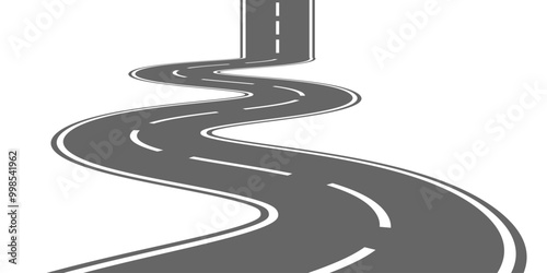 Winding road. Traveling along a curved highway. Background of the road to the horizon in perspective. Curvy asphalt empty line isolated vector concept.
