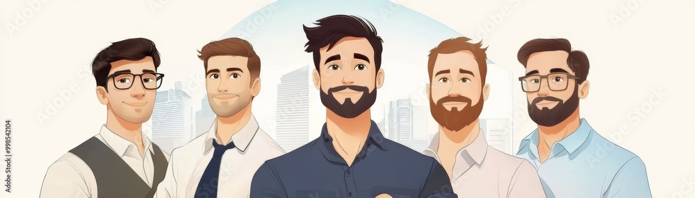 Five diverse men stand confidently, showcasing various styles and professions in an engaging, modern illustration. Five diverse men stand confidently, showcasing various styles and professions in an engaging, modern illustration.