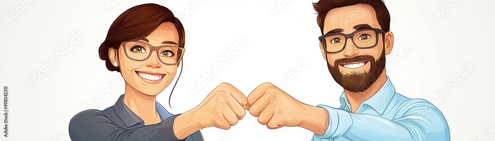 A cheerful duo sharing a fist bump, symbolizing teamwork and positivity in a professional setting. A cheerful duo sharing a fist bump, symbolizing teamwork and positivity in a professional setting.