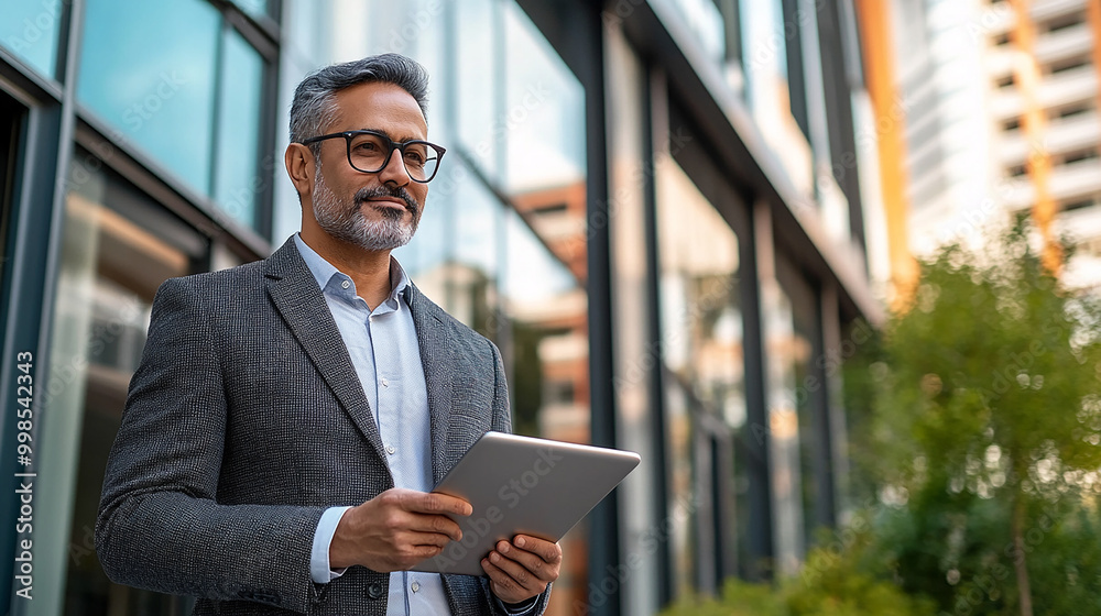Focused successful mature Indian or Latin entrepreneur businessman holding digital pc tablet standing outdoor at business office building Focused successful mature Indian or Latin entrepreneur businessman holding digital pc tablet standing outdoor at business office building