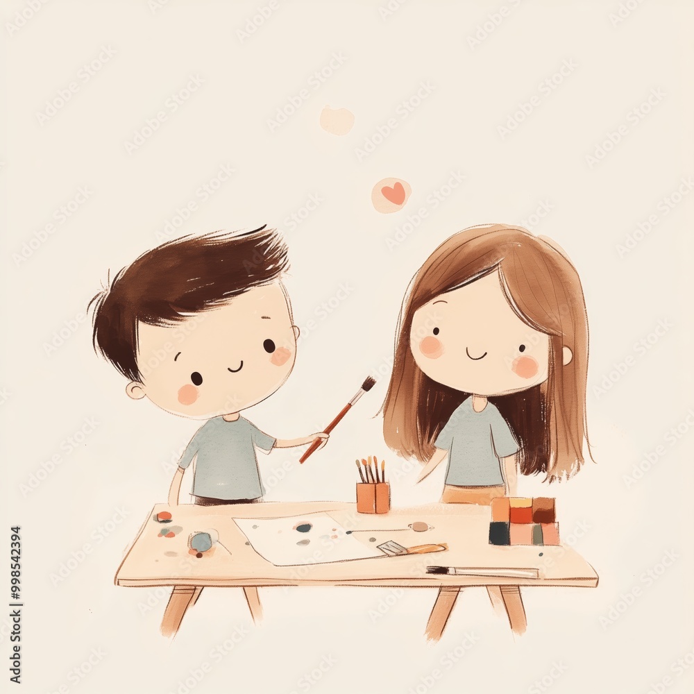 Two children happily engaged in a creative art activity at a bright workspace Two children happily engaged in a creative art activity at a bright workspace