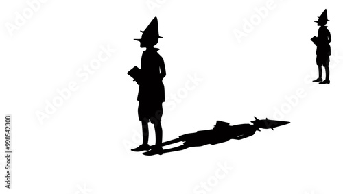 Pinocchio with book, black isolated silhouette