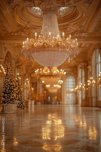 Luxurious Golden Chandelier in Ornate Palace Interior