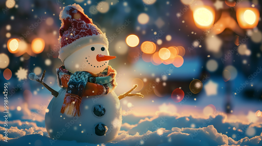 snowmaA cute snowman in a winter scene with soft glowing lights in the background, wearing a festive hat and scarf, surrounded by falling snow. Cozy holiday vibe.n on the background of the snow snowmaA cute snowman in a winter scene with soft glowing lights in the background, wearing a festive hat and scarf, surrounded by falling snow. Cozy holiday vibe.n on the background of the snow