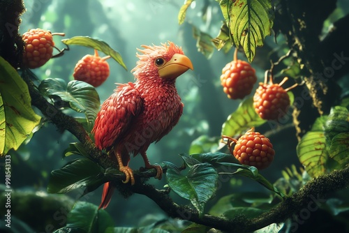 A vibrant red bird perched on a lush branch amidst tropical foliage and colorful fruits, showcasing nature's beauty. photo