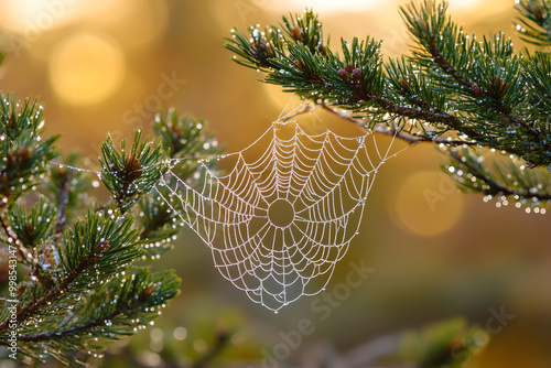 A green tree branch adorned with gold ornaments and a spider web, capturing the essence of the holiday season