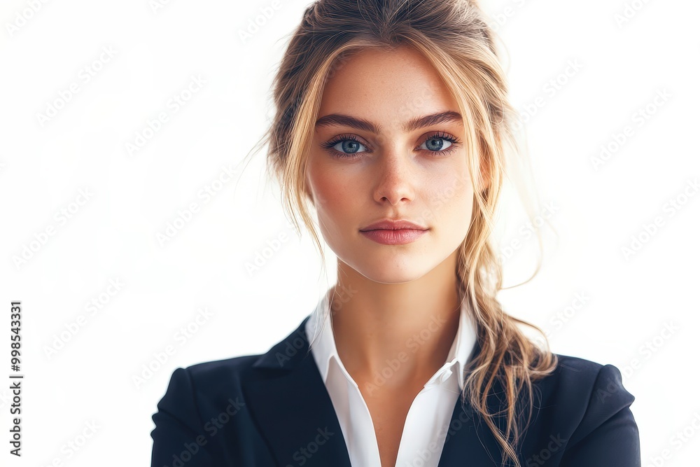 Confident and Composed: A sophisticated woman in a tailored blazer and white collared shirt, she emanates confidence and professionalism, radiating a sense of strength and determination. Confident and Composed: A sophisticated woman in a tailored blazer and white collared shirt, she emanates confidence and professionalism, radiating a sense of strength and determination.