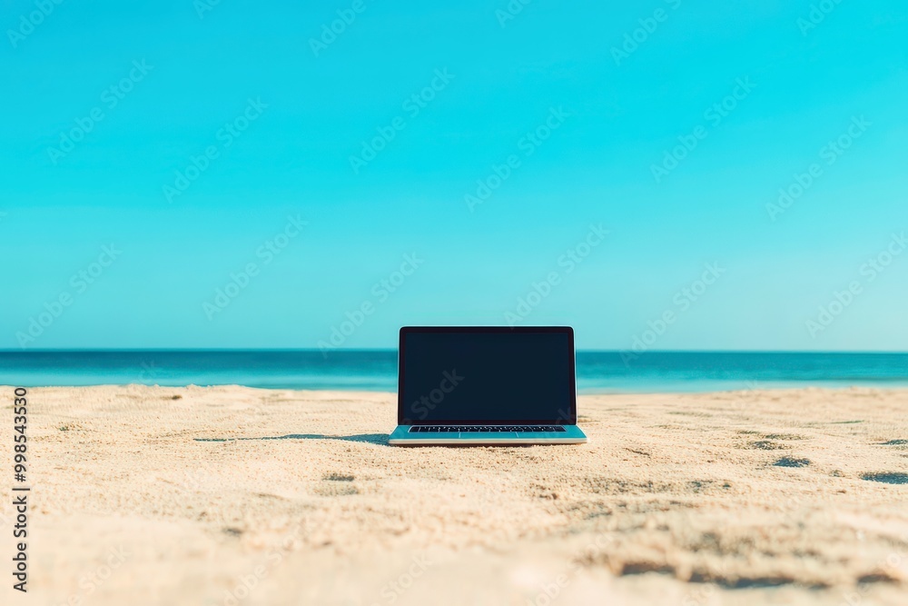 Computer Am Strand Laptop on the Beach: A sleek laptop computer rests on a pristine sandy ...