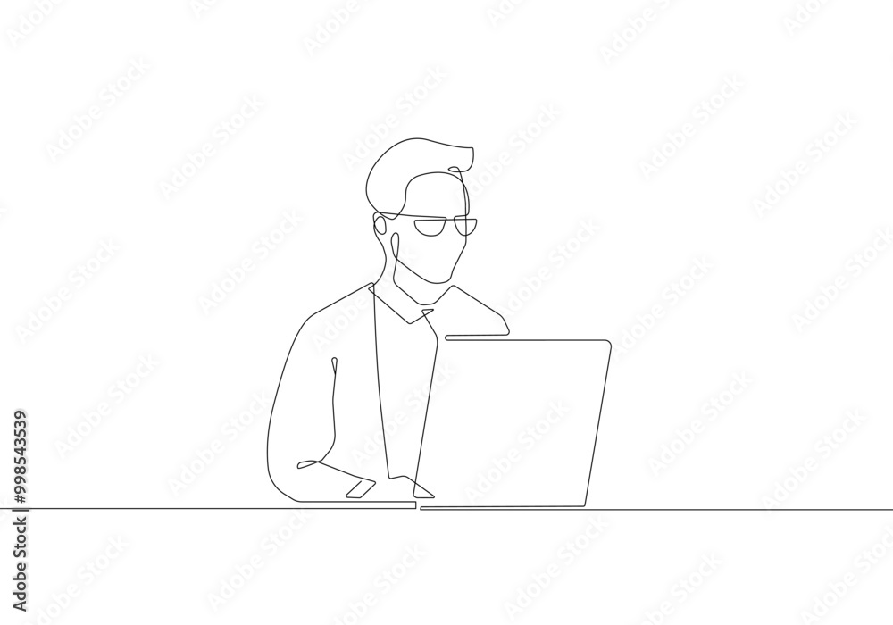 Businessman Continuous One Line Drawing Black Lines Isolated on White Background. Man Working with Laptop Vector Line Art Drawing. Manager Silhouette in Linear Minimalistic Style Businessman Continuous One Line Drawing Black Lines Isolated on White Background. Man Working with Laptop Vector Line Art Drawing. Manager Silhouette in Linear Minimalistic Style