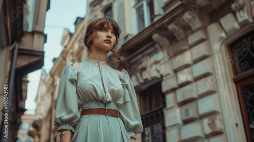 Full-length photo of an elegant woman in a peach blouse and green skirt with a brown belt, posing on a sunny street 