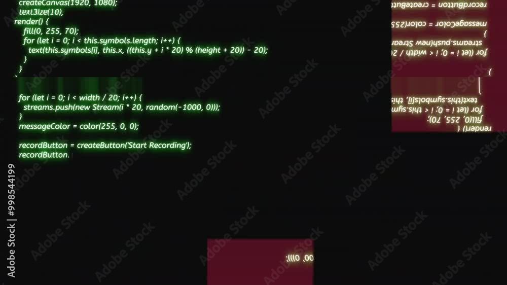 Scrolling glitch program code Loop Animation with RGB shift glitch effect. Program code writing process. Futuristic Backdrop concept for programming and web development. 4K footage.