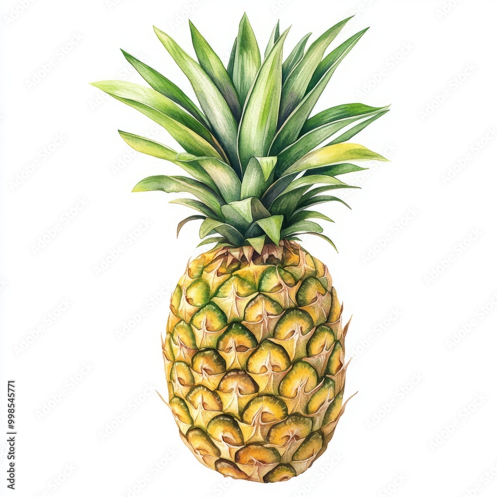 Watercolor Painting of a Whole Pineapple with Green Leaves Watercolor Painting of a Whole Pineapple with Green Leaves