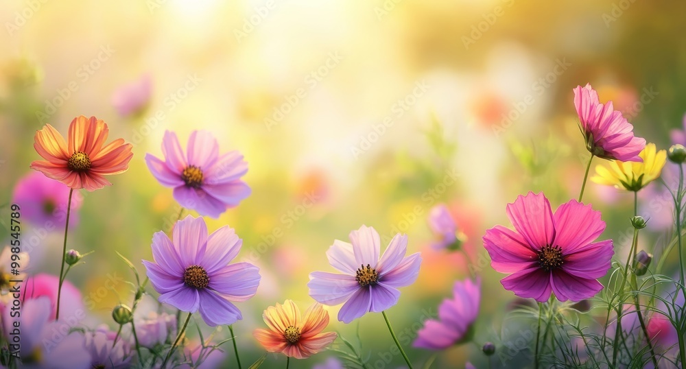 A Field of Colorful Cosmos Flowers in Soft Sunlight A Field of Colorful Cosmos Flowers in Soft Sunlight
