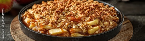 Delicious apple crumble baked to perfection, featuring warm apples and a crispy topping, perfect for dessert lovers.