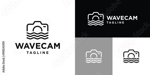 Vector design template of camera logo combination with waves. Moment, photographer, shoot, photo. Icon symbol EPS 10.