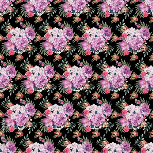 seamless pattern with flowers watercolor. Seamless pattern of purple, pink, white roses and decorative leaves around. on a black background