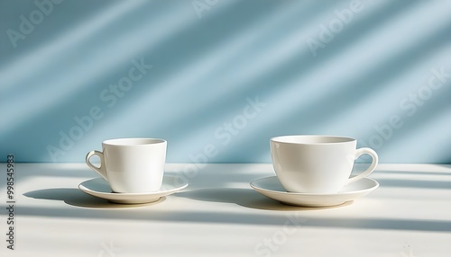 Warm sunlight illuminating a white coffee cup and saucer on a table, creating a cozy and inviting atmosphere.