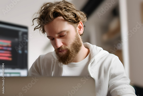 Handsome, Caucasian man working on his laptop. Data displayed on a screen in the background. Business.