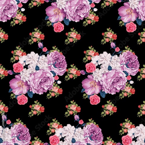 Seamless pattern of bouquets of purple, pink, white roses on a black background.