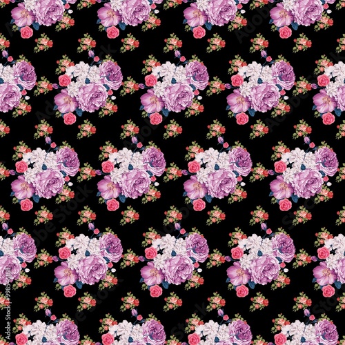 watercolor seamless pattern of pink flowers, leaves and berries on a black background.