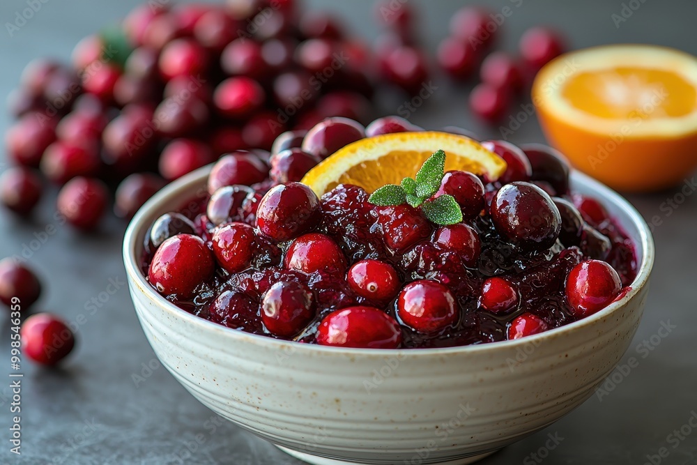 Delicious cranberry sauce in a bowl, garnished with orange and mint. Perfect for holiday feasts and festive celebrations. Delicious cranberry sauce in a bowl, garnished with orange and mint. Perfect for holiday feasts and festive celebrations.