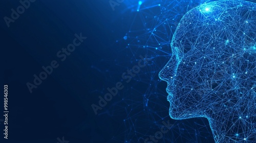 A humanoid head containing a digital brain represents big data analysis and cyber technology in a modern 3-D illustration.