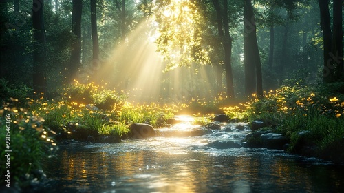 Sunbeams Through Forest: A Tranquil Stream & Wildflowers