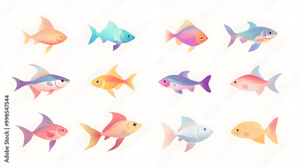 Minimal pastel fish set of icons with smooth lines and pastel tones isolated on a clean background Minimal pastel fish set of icons with smooth lines and pastel tones isolated on a clean background