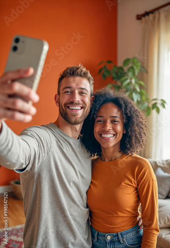 Smiling Couple Taking a Selfie at Home