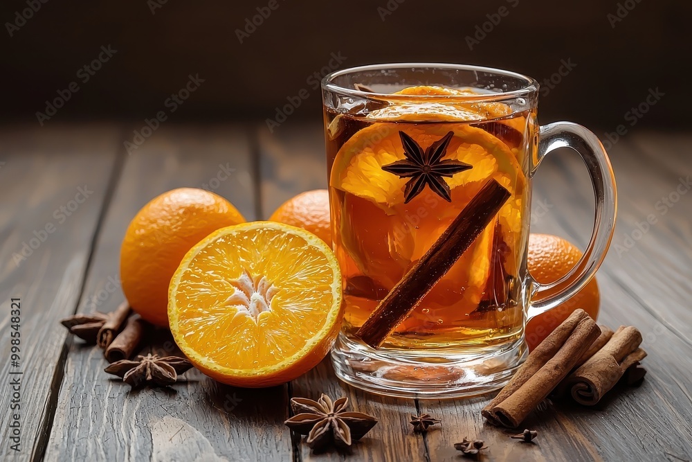 Mulled wine featuring orange slices, star anise, and cinnamon sticks, perfect for cozy gatherings.