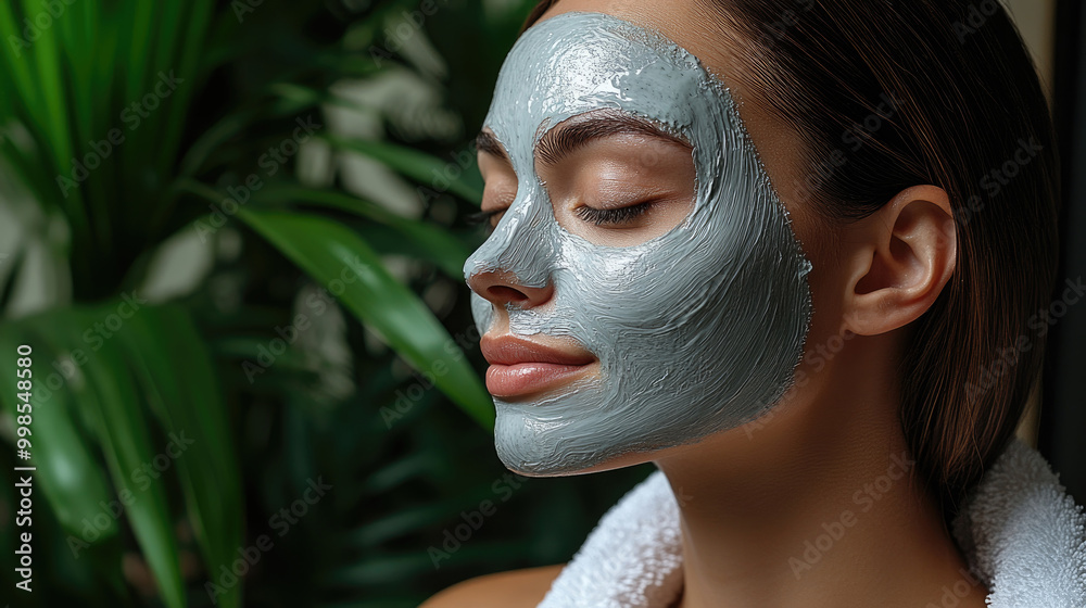 A woman enjoys a calming moment with a clay facial mask adorned on her face while sitting near vibrant indoor plants in a peaceful atmosphere A woman enjoys a calming moment with a clay facial mask adorned on her face while sitting near vibrant indoor plants in a peaceful atmosphere
