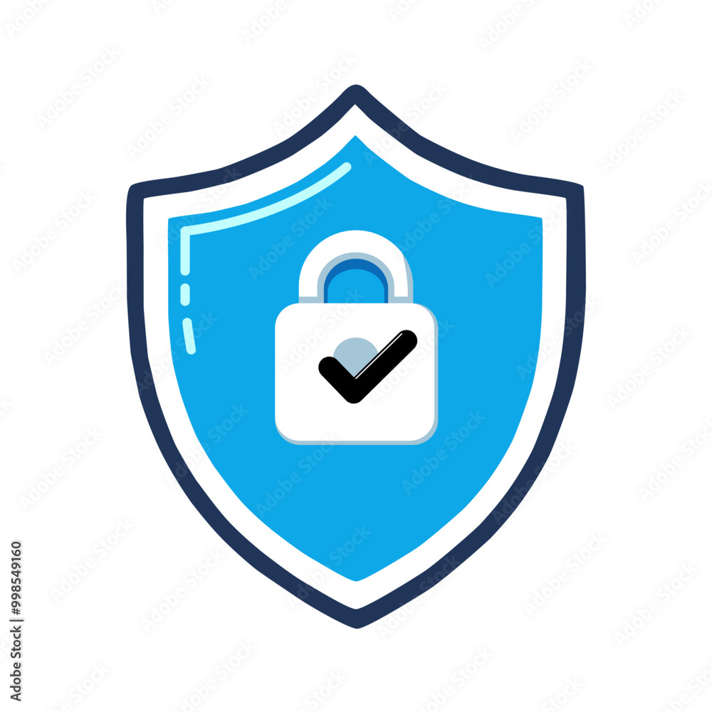 Blue shield with white lock and black tick mark.ideal for cyber security, privacy, data protection, online safety, vector style. Blue shield with white lock and black tick mark.ideal for cyber security, privacy, data protection, online safety, vector style.