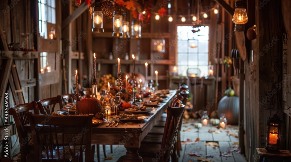Rustic Barn Setting with Decorated Table for Canadian Thanksgiving Celebration Rustic Barn Setting with Decorated Table for Canadian Thanksgiving Celebration