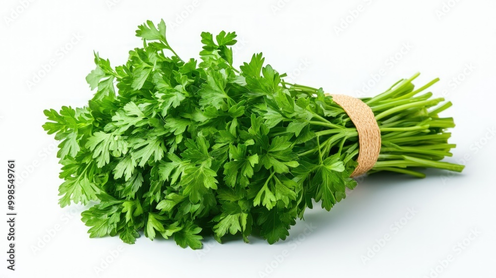 Fresh bunch of parsley tied with a brown string isolated on a white background.
