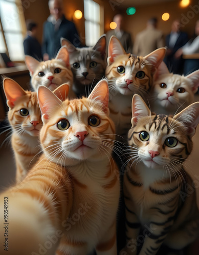 Cats taking a selfie on a blurred background. A group funny cats