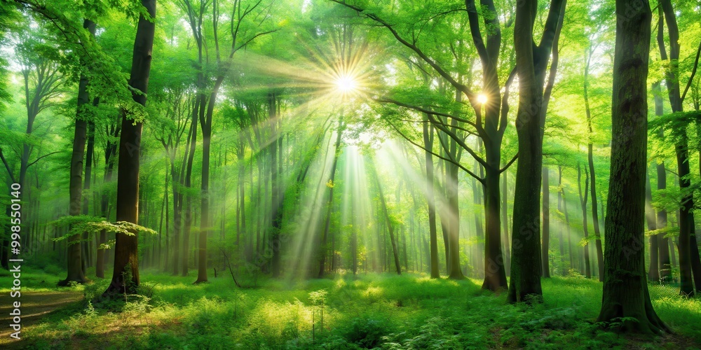 Obraz premium Lush green forest with sunbeam filtering through the leaves, nature, trees, environment, vibrant, fresh, foliage, sunlight