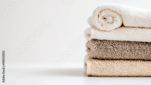 An image depicts a stack of folded linens on top of a white cloth with a textured pattern, positioned on the bed