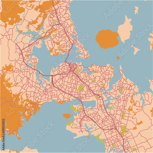 Map of Auckland in New Zealand in a sandy theme. Contains layered vector with roads water, parks, etc.