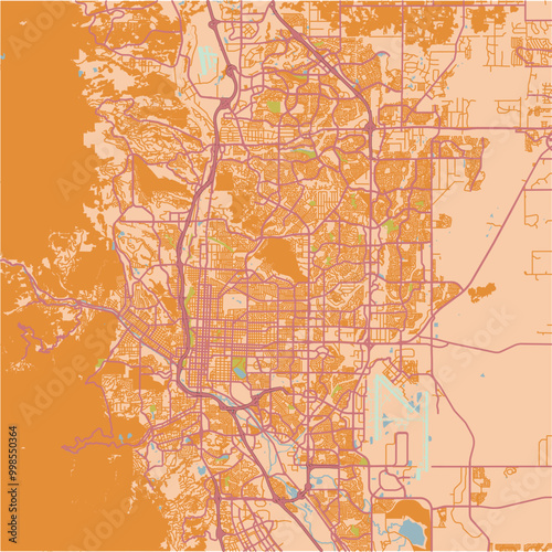 Map of Colorado Springs in Colorado in a sandy theme. Contains layered vector with roads water, parks, etc.